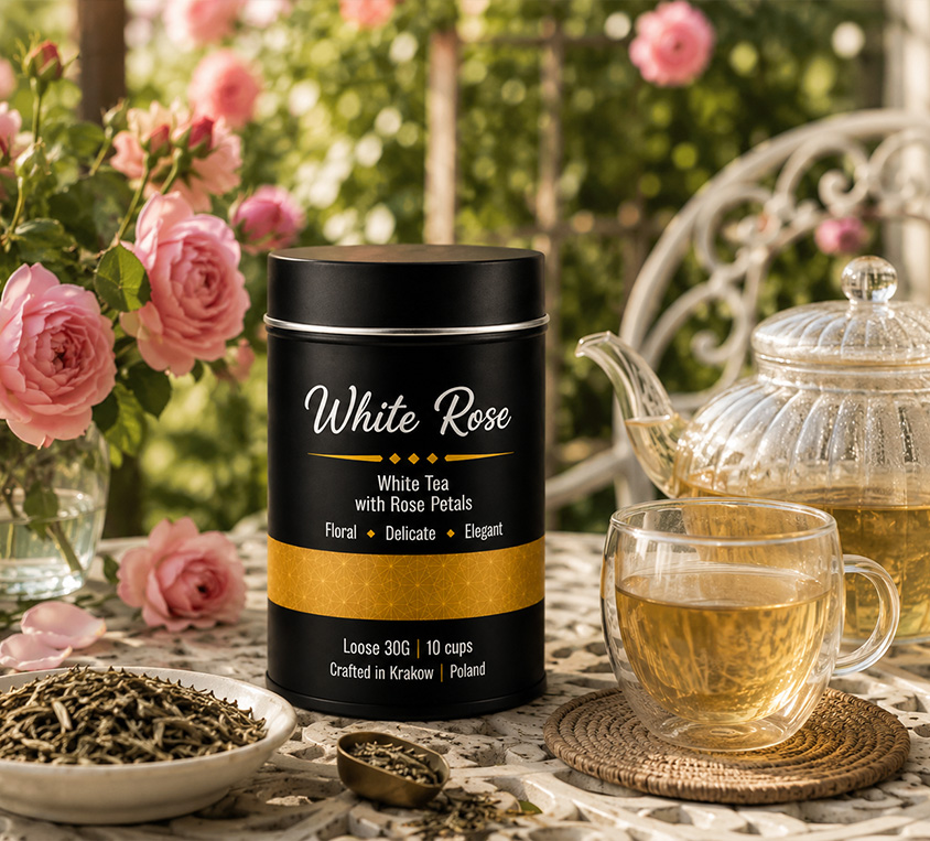 White Rose Leo Tea biala herbata z platkami rozy w metalowej puszce